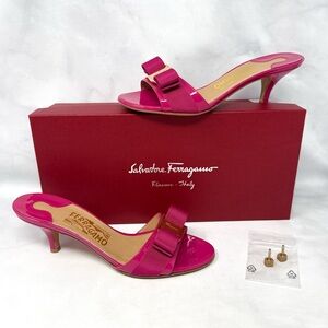 Salvatore Ferragamo Glory Bow Patent Leather Open Toe Sandal Mule Heels Pink 5.5